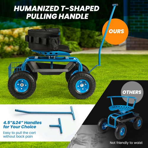 Chariot de jardin roulant de Costway – Siège de travail de jardinage extérieur avec hauteur réglable et rangement pour outils vert-bleu-rouge