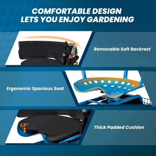 Chariot de jardin roulant de Costway – Siège de travail de jardinage extérieur avec hauteur réglable et rangement pour outils vert-bleu-rouge