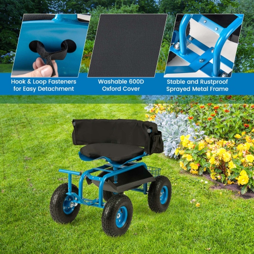 Chariot de jardin roulant de Costway – Siège de travail de jardinage extérieur avec hauteur réglable et rangement pour outils vert-bleu-rouge