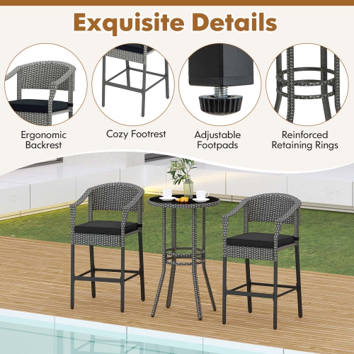 Costway 3-Piece Patio Rattan Bar Set Wicker Bar Height Armchairs & Round Table