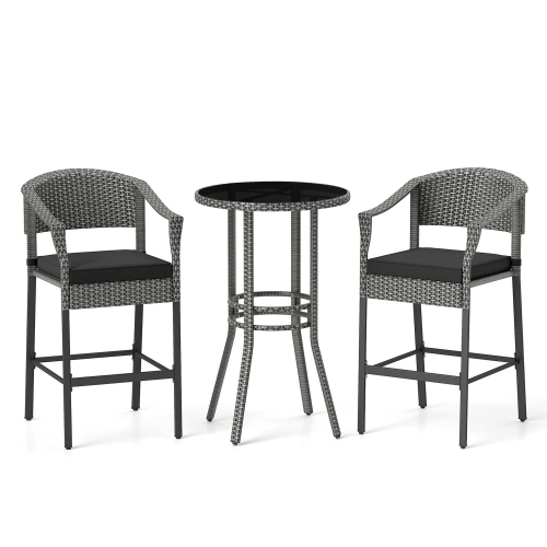 Costway 3-Piece Patio Rattan Bar Set Wicker Bar Height Armchairs & Round Table