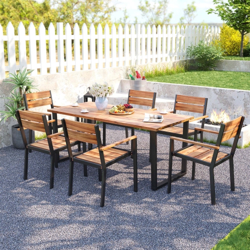 Costway 7 PCS Acacia Wood Patio Dining Set 6 Armchairs and 69" Table with 2" Umbrella Hole