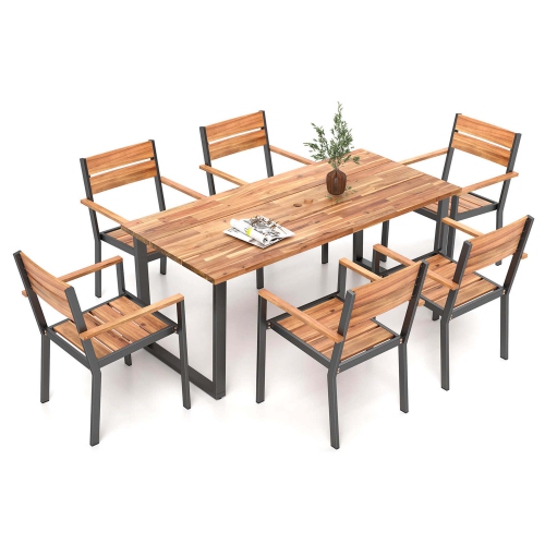 Costway 7 PCS Acacia Wood Patio Dining Set 6 Armchairs and 69" Table with 2" Umbrella Hole