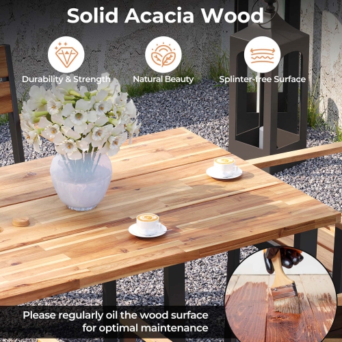 Costway 7 PCS Acacia Wood Patio Dining Set 6 Armchairs and 69" Table with 2" Umbrella Hole