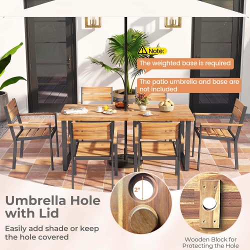 Costway 7 PCS Acacia Wood Patio Dining Set 6 Armchairs and 69" Table with 2" Umbrella Hole