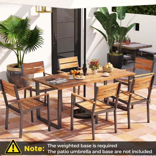 Costway 7 PCS Acacia Wood Patio Dining Set 6 Armchairs and 69" Table with 2" Umbrella Hole