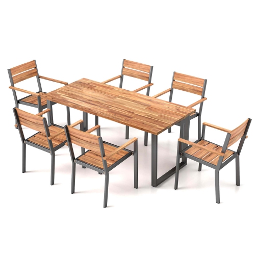 Costway 7 PCS Acacia Wood Patio Dining Set 6 Armchairs and 69" Table with 2" Umbrella Hole