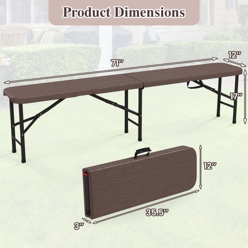 Costway 3 PCS Folding Picnic Table Set with 6 ft Table & 2 Benches HDPE Wood-Like Tabletop Brown/Gray