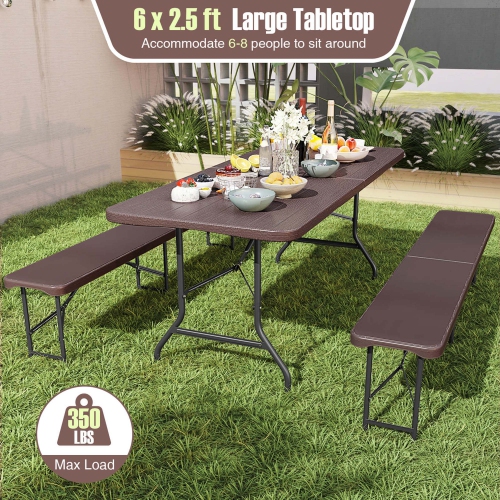 Costway 3 PCS Folding Picnic Table Set with 6 ft Table & 2 Benches HDPE Wood-Like Tabletop Brown/Gray