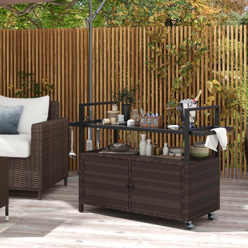 Costway Outdoor Bar Cart with Tempered Glass Top Storage Cabinet & 8 Hooks for Porch Brown/Gray