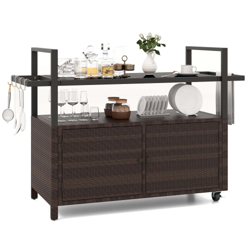 Costway Outdoor Bar Cart with Tempered Glass Top Storage Cabinet & 8 Hooks for Porch Brown/Gray