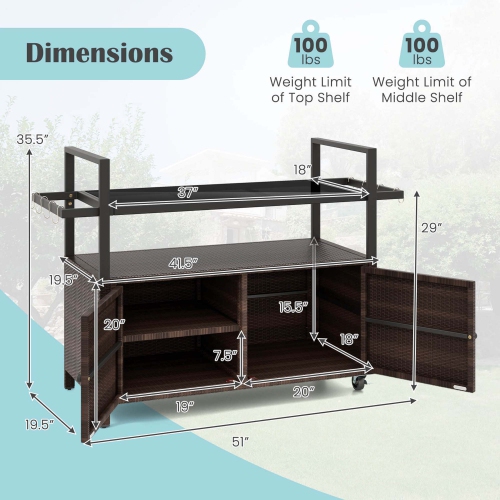 Costway Outdoor Bar Cart with Tempered Glass Top Storage Cabinet & 8 Hooks for Porch Brown/Gray