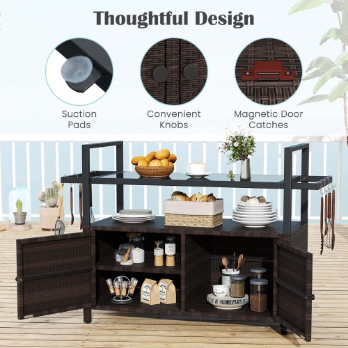 Costway Outdoor Bar Cart with Tempered Glass Top Storage Cabinet & 8 Hooks for Porch Brown/Gray