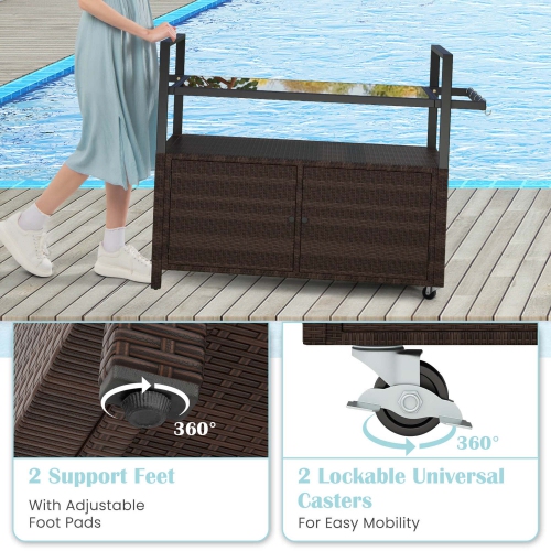 Costway Outdoor Bar Cart with Tempered Glass Top Storage Cabinet & 8 Hooks for Porch Brown/Gray