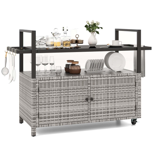 Costway Outdoor Bar Cart with Tempered Glass Top Storage Cabinet & 8 Hooks for Porch Brown/Gray
