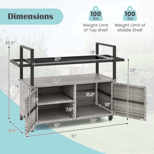 Costway Outdoor Bar Cart with Tempered Glass Top Storage Cabinet & 8 Hooks for Porch Brown/Gray