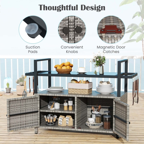 Costway Outdoor Bar Cart with Tempered Glass Top Storage Cabinet & 8 Hooks for Porch Brown/Gray