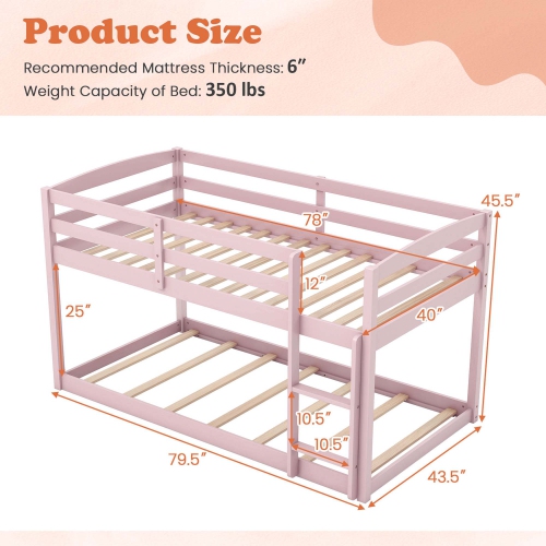 Costway Twin over Twin Low Bunk Bed with Guardrails Integrated Ladder Kids Wooden