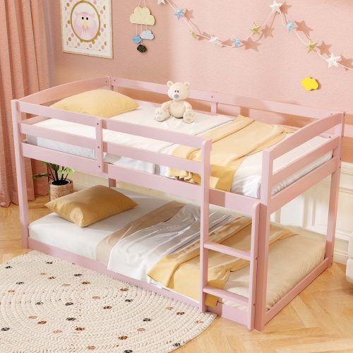 Costway Twin over Twin Low Bunk Bed with Guardrails Integrated Ladder Kids Wooden