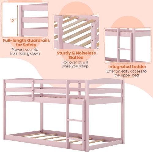 Costway Twin over Twin Low Bunk Bed with Guardrails Integrated Ladder Kids Wooden