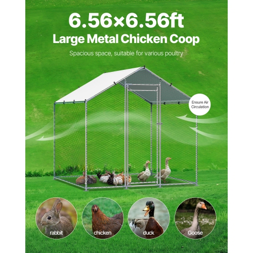 VEVOR 6.56x6.56x6.56ft Metal Chicken Coop, Large Walk-in Chicken Runs with Cover, Spire Roof Hen House Enclosure with Security Lock, Outdoor Duck