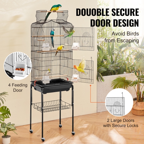 Grande cage à oiseaux de Parrot de 64&nbsp;po avec toit ouvert de VEVOR avec support à roulettes amovible pour parakeets Finches Canaries Lovebirds