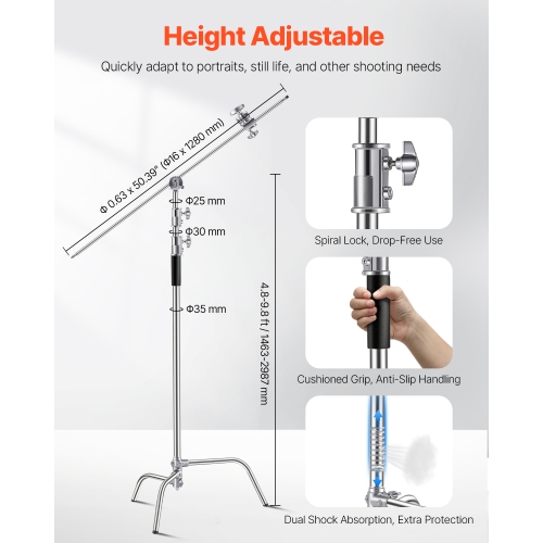 VEVOR C Stand with Boom Arm, Max Height 10.83 ft/330 cm, Stainless Steel Heavy Duty Photography Light Stand with 4.8-9.8 ft Adjustable Height, 2 Grip
