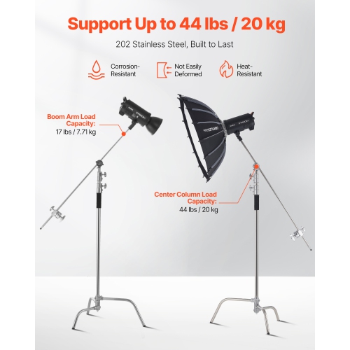VEVOR C Stand with Boom Arm, Max Height 10.83 ft/330 cm, Stainless Steel Heavy Duty Photography Light Stand with 4.8-9.8 ft Adjustable Height, 2 Grip