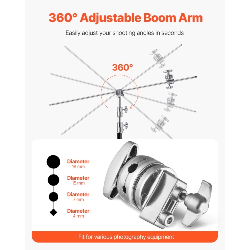 VEVOR C Stand with Boom Arm, Max Height 10.83 ft/330 cm, Stainless Steel Heavy Duty Photography Light Stand with 4.8-9.8 ft Adjustable Height, 2 Grip