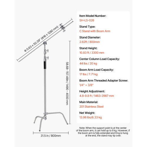 VEVOR C Stand with Boom Arm, Max Height 10.83 ft/330 cm, Stainless Steel Heavy Duty Photography Light Stand with 4.8-9.8 ft Adjustable Height, 2 Grip