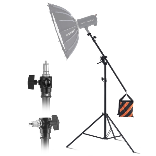 VEVOR Air Cushioned Aluminum Light Stand, Max Height 12.8 ft/390 cm, Adjustable Photography Stand with Boom Arm, Sandbag, Max Load 5kg, 1/4 in Screw
