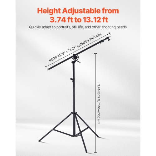 VEVOR Air Cushioned Aluminum Light Stand, Max Height 12.8 ft/390 cm, Adjustable Photography Stand with Boom Arm, Sandbag, Max Load 5kg, 1/4 in Screw