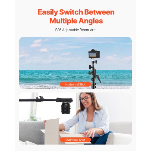 VEVOR Air Cushioned Aluminum Light Stand, Max Height 12.8 ft/390 cm, Adjustable Photography Stand with Boom Arm, Sandbag, Max Load 5kg, 1/4 in Screw