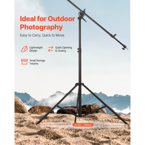 VEVOR Air Cushioned Aluminum Light Stand, Max Height 12.8 ft/390 cm, Adjustable Photography Stand with Boom Arm, Sandbag, Max Load 5kg, 1/4 in Screw