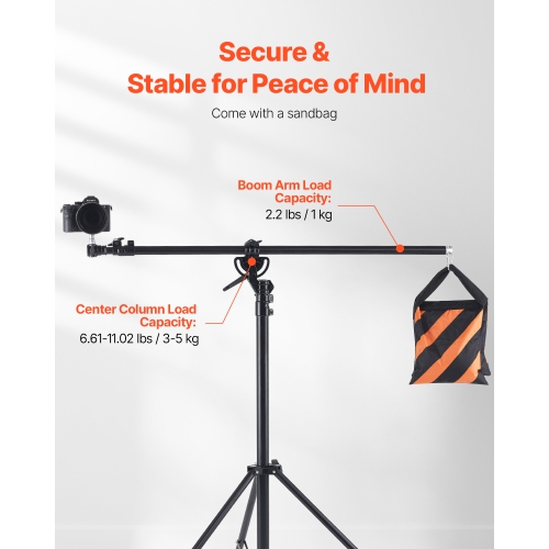 VEVOR Air Cushioned Aluminum Light Stand, Max Height 12.8 ft/390 cm, Adjustable Photography Stand with Boom Arm, Sandbag, Max Load 5kg, 1/4 in Screw