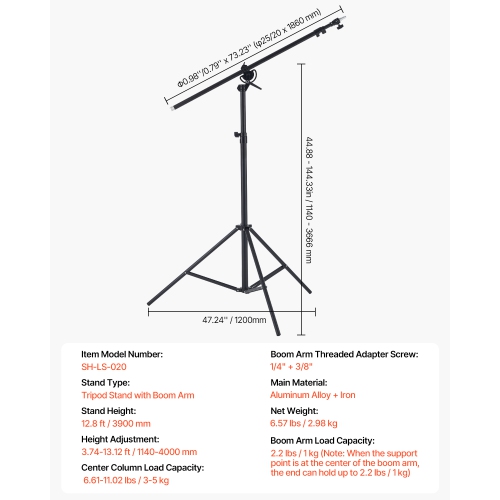 VEVOR Air Cushioned Aluminum Light Stand, Max Height 12.8 ft/390 cm, Adjustable Photography Stand with Boom Arm, Sandbag, Max Load 5kg, 1/4 in Screw