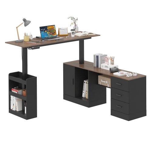 FAMAPY  63-Inch L-Shaped Home Office Desk With Hutch, Built-In Corkboard, Shelves & Cable Management, (63" W X 29.6-45.3" H X 63" D) And Black In Brown