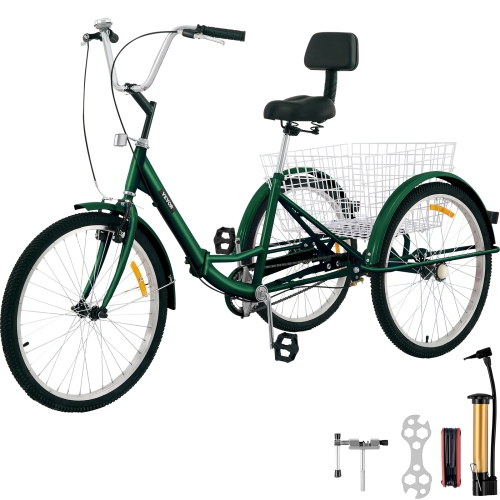 Tricycle pliable à roues de 24&nbsp;po VEVOR, tricycle vert à 1 vitesses, vélo coloré à 3 roues avec panier, vélo portatif et pliable pour adultes