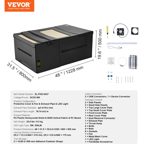 Boîtier de gravure laser VEVOR 48 x 31,5 x 19,6", ignifuge et couvercle de protection ignifuge, avec ventilateur d'échappement et tuyau, isole la