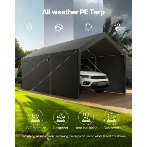 VEVOR 12 x 20 FT Outdoor Car Canopy,Carport with Removable Sidewalls & Door, Heavy Duty Car Shelter, UV-Resistant & Water-Resistant, All-Season