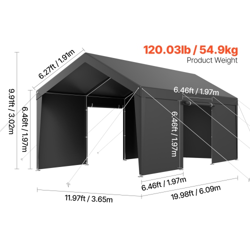 VEVOR 12 x 20 FT Outdoor Car Canopy,Carport with Removable Sidewalls & Door, Heavy Duty Car Shelter, UV-Resistant & Water-Resistant, All-Season