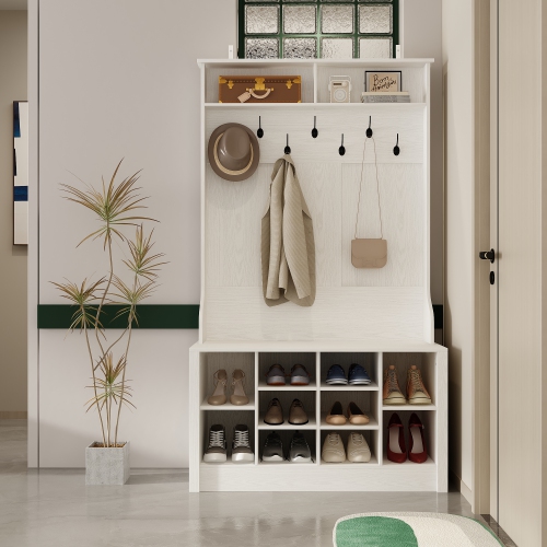 Famapy 39.4-Inch White Hall Tree with Bench, Metal Hooks, and Shoe Storage – Entryway Organizer with Shelves, White