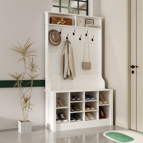 Famapy 39.4-Inch White Hall Tree with Bench, Metal Hooks, and Shoe Storage – Entryway Organizer with Shelves, White