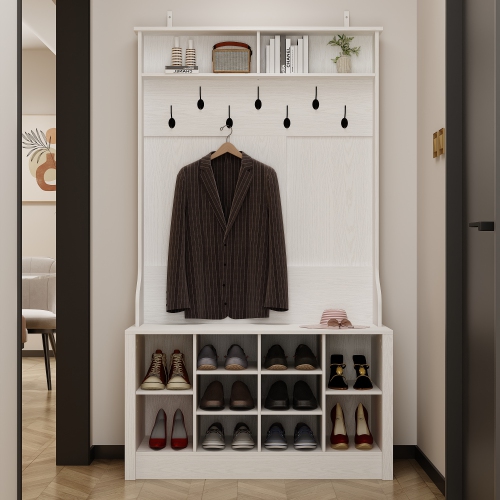 Famapy 39.4-Inch White Hall Tree with Bench, Metal Hooks, and Shoe Storage – Entryway Organizer with Shelves, White