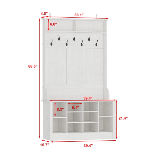 Famapy 39.4-Inch White Hall Tree with Bench, Metal Hooks, and Shoe Storage – Entryway Organizer with Shelves, White