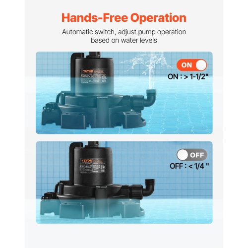 VEVOR 1/2 HP 1600 GPH Automatic Pool Cover Pump, 120V Submersible Swimming Pool Cover Pump with 25 ft Power Cord, 25 ft Max Head Lift, Water Removal