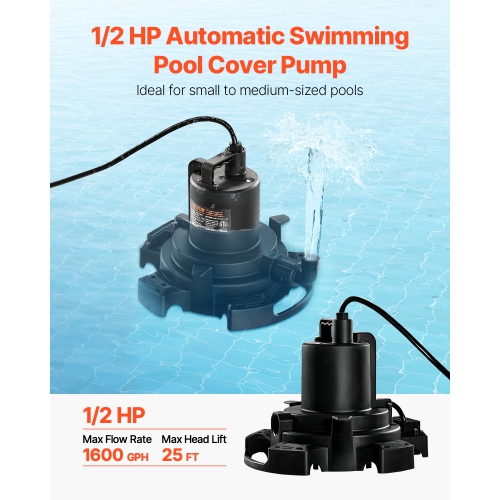 VEVOR 1/2 HP 1600 GPH Automatic Pool Cover Pump, 120V Submersible Swimming Pool Cover Pump with 25 ft Power Cord, 25 ft Max Head Lift, Water Removal