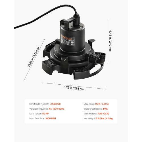 VEVOR 1/2 HP 1600 GPH Automatic Pool Cover Pump, 120V Submersible Swimming Pool Cover Pump with 25 ft Power Cord, 25 ft Max Head Lift, Water Removal