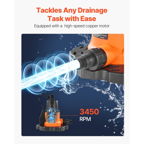 VEVOR 0.66 HP 3200 GPH Automatic Pool Cover Pump, 120V Submersible Swimming Pool Cover Pump with 25 ft Power Cord, 26 ft Max Head Lift, Water Removal