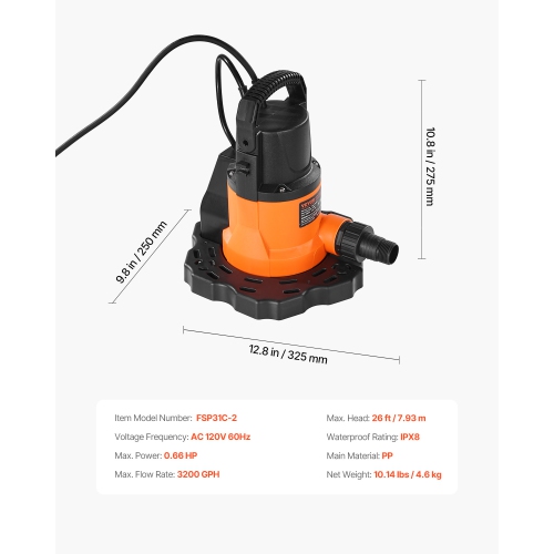 VEVOR 0.66 HP 3200 GPH Automatic Pool Cover Pump, 120V Submersible Swimming Pool Cover Pump with 25 ft Power Cord, 26 ft Max Head Lift, Water Removal